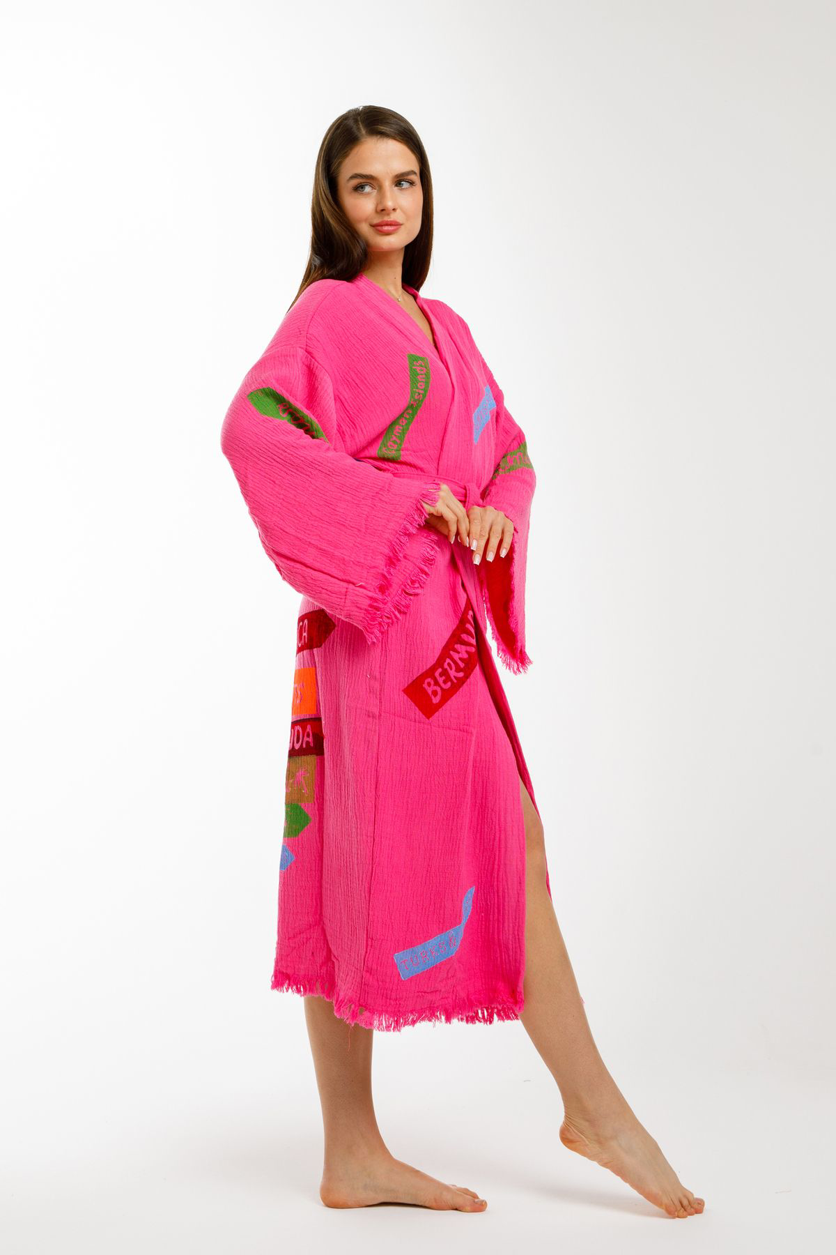 Müslin Kimono %100 Pamuklu Karayip Adaları Baskılı Bornoz Kaftan 