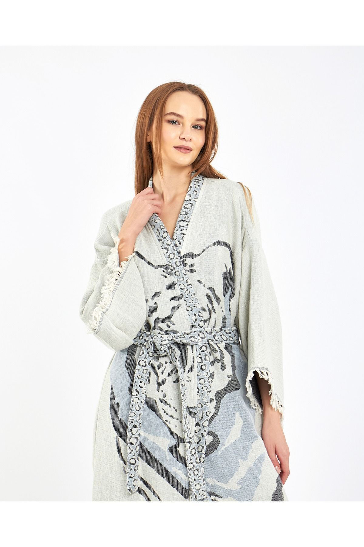 Müslin Kimono %100 Pamuklu Jakarlı Kaplan Desenli Bornoz Kaftan S