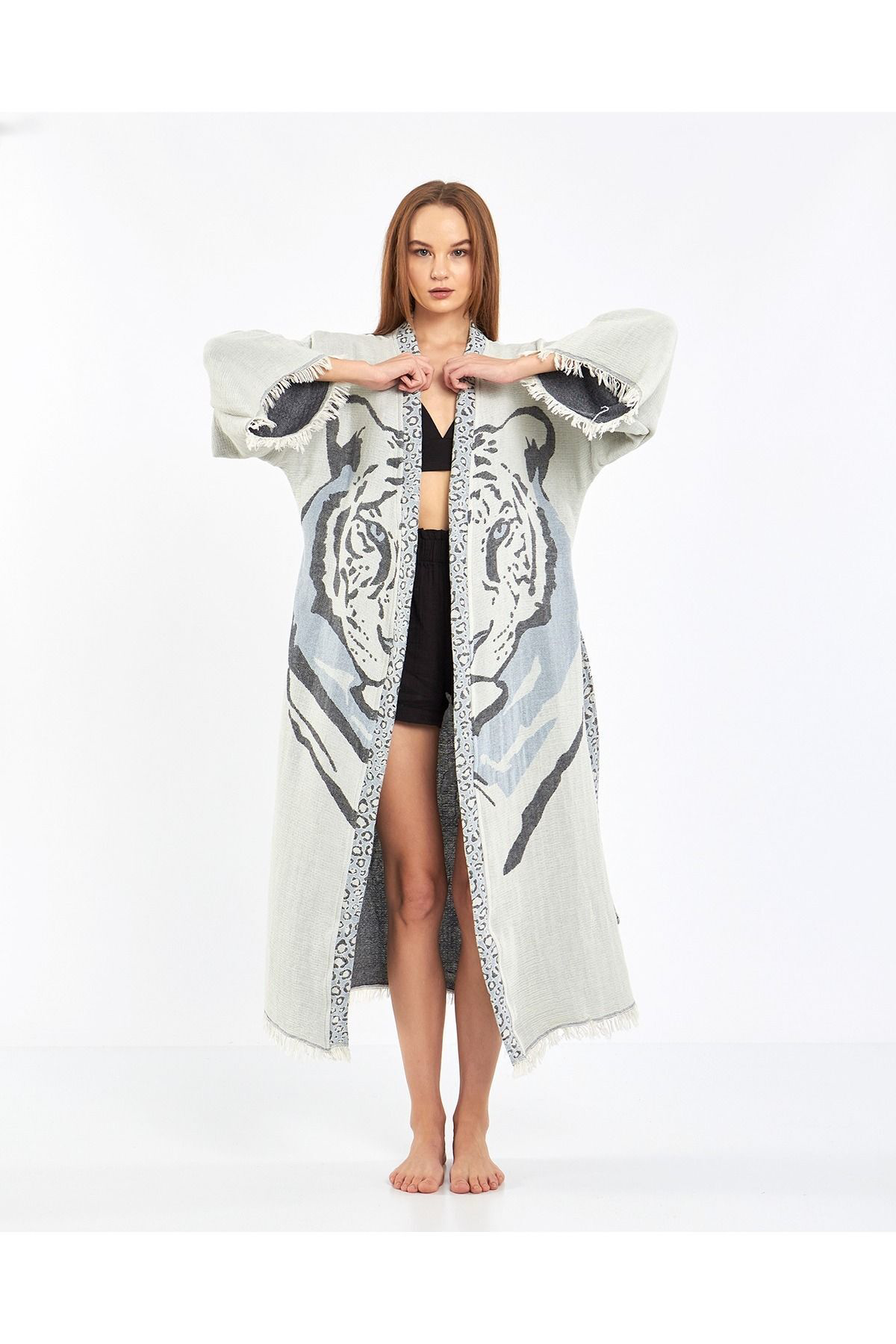 Müslin Kimono %100 Pamuklu Jakarlı Kaplan Desenli Bornoz Kaftan S