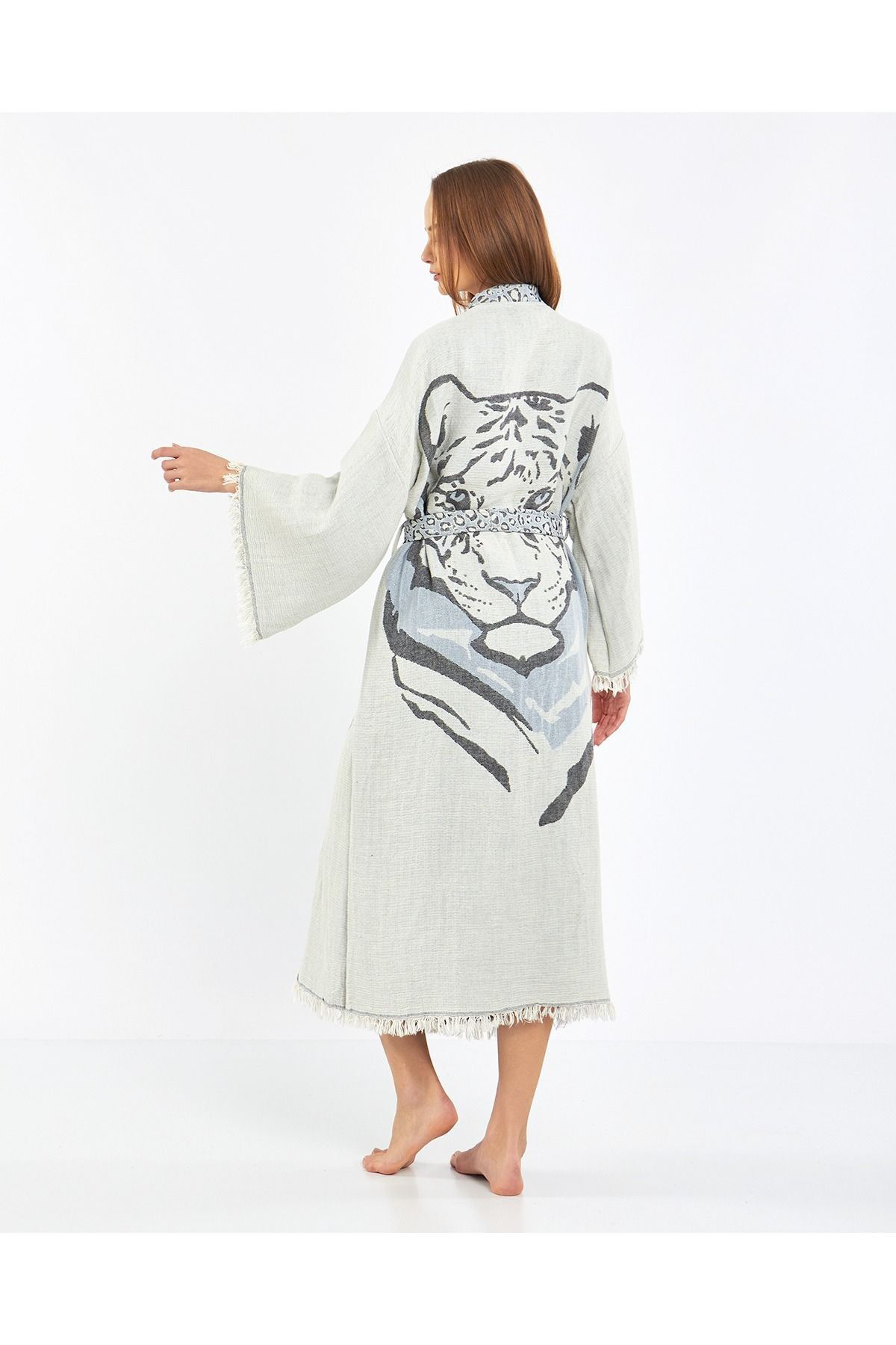 Müslin Kimono %100 Pamuklu Jakarlı Kaplan Desenli Bornoz Kaftan S