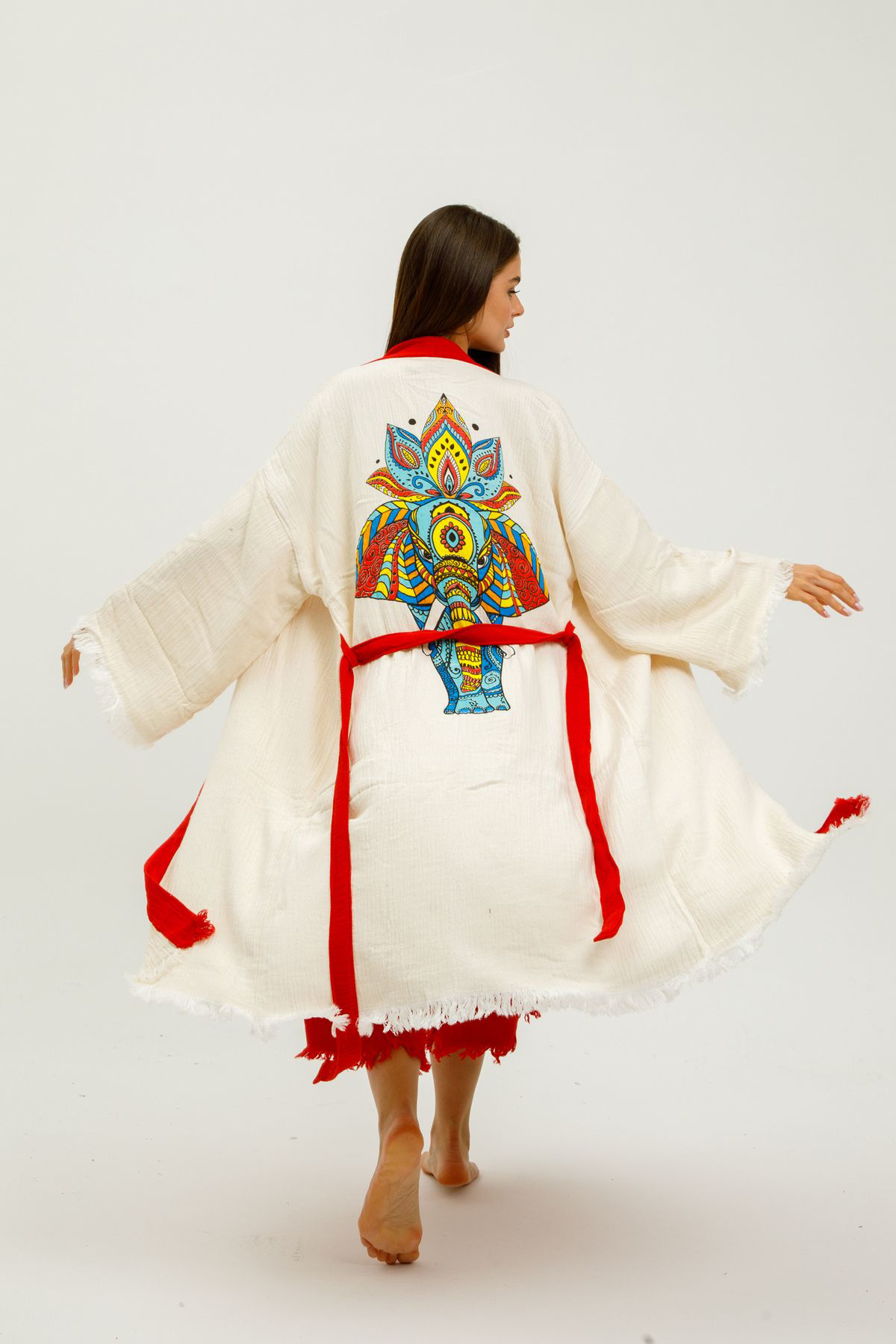 Müslin Kimono %100 Pamuklu Fil Baskılı Desenli Bornoz Kaftan Saba