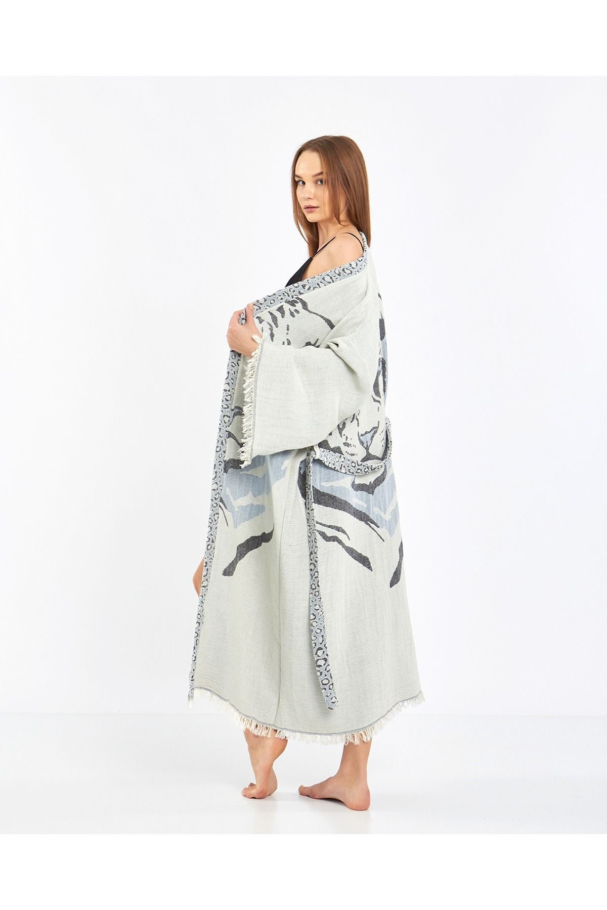 Müslin Kimono %100 Pamuklu Jakarlı Kaplan Desenli Bornoz Kaftan S