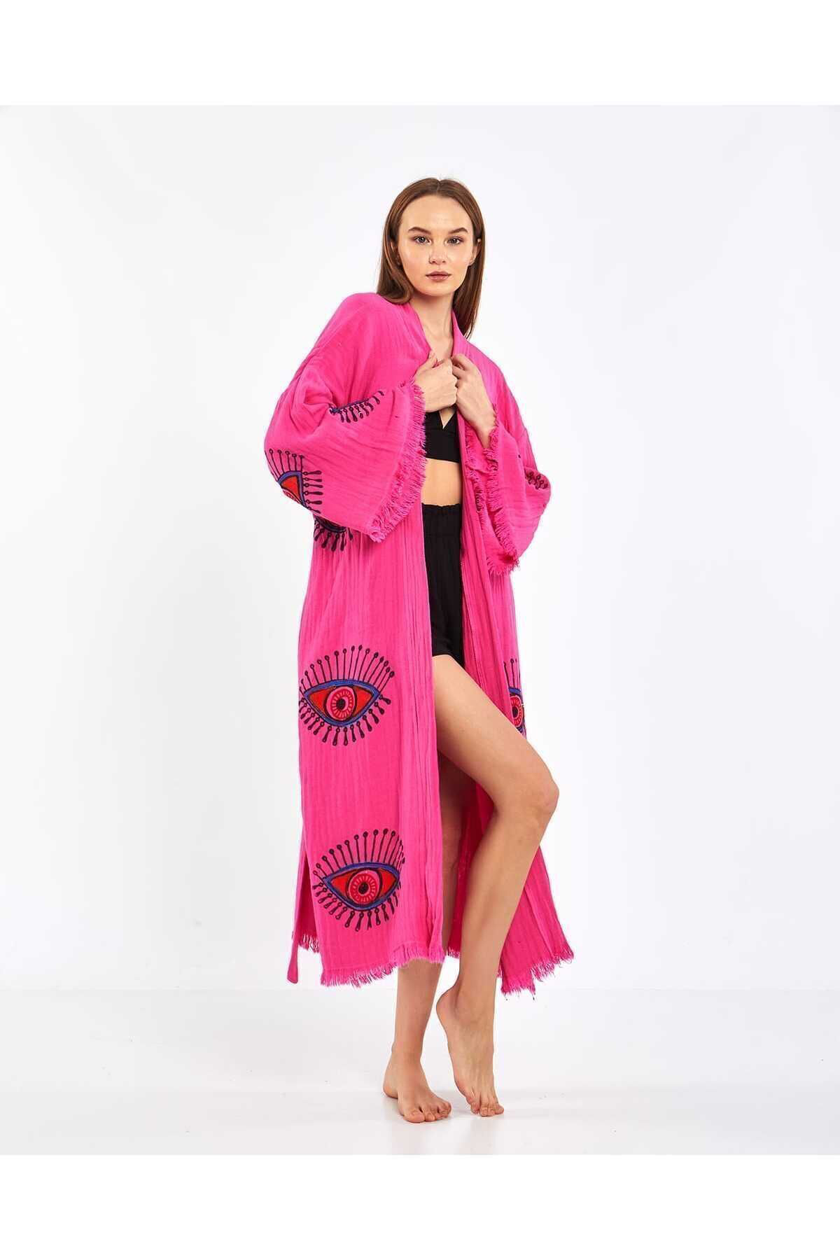 Müslin Kimono %100 Pamuklu Göz Desenli Bornoz Kaftan Sabahlık