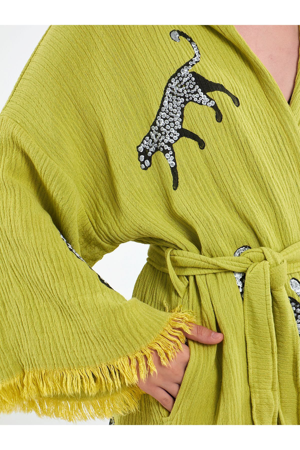 Müslin Kimono %100 Pamuklu Leopar Desenli Yağ Yeşili Pareo Bornoz