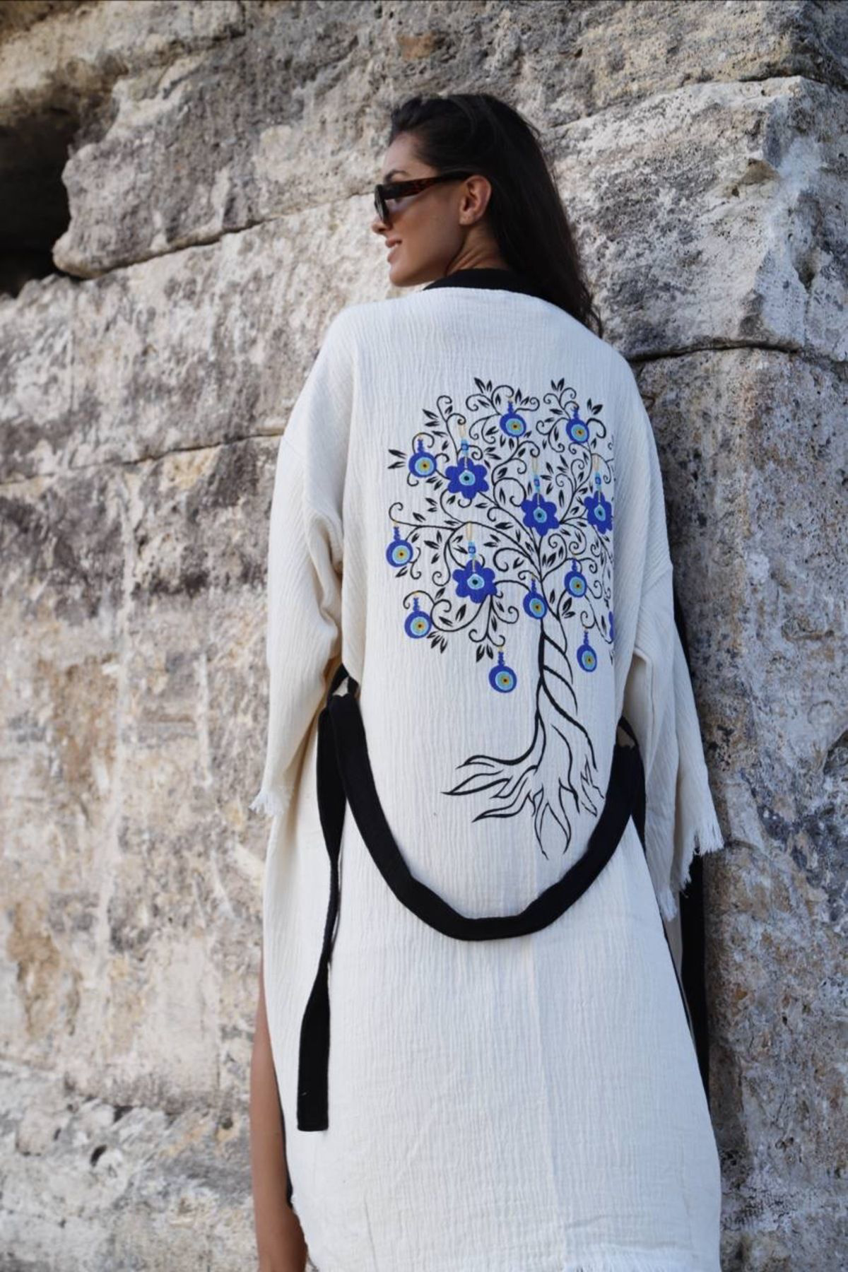 Müslin Kimono %100 Pamuklu Nazar Boncuk Baskılı Desenli Bornoz Ka
