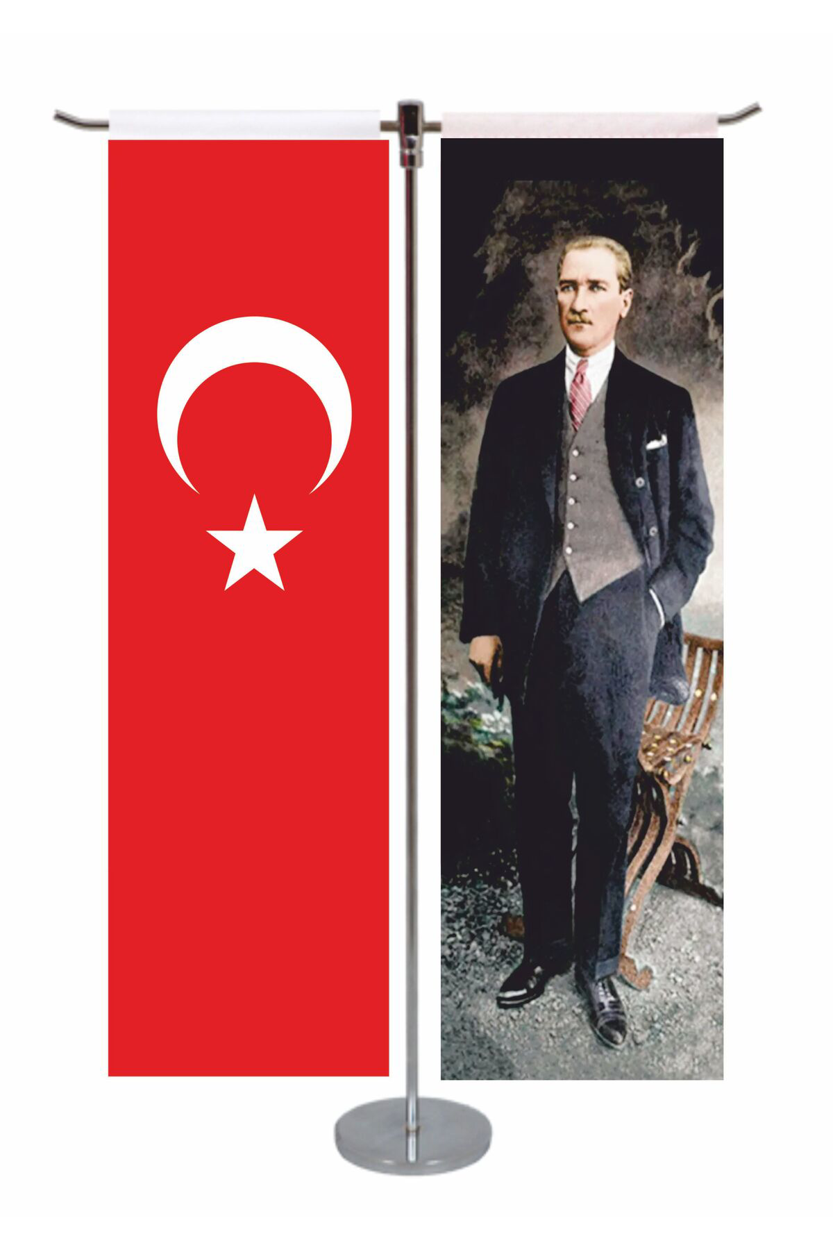 MUSTAFA KEMAL ATATÜRK TÜRK BAYRAĞI T KROM DİREKLİ MASA BAYRAĞI Çİ
