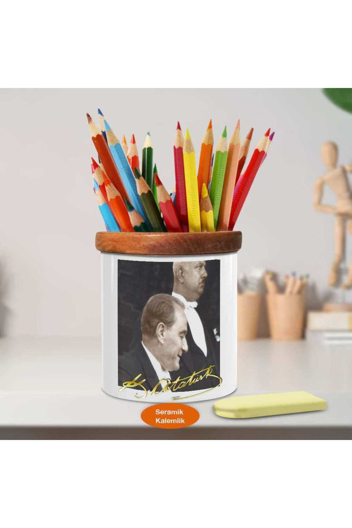Mustafa Kemal Atatürk Yan Portre Ahşap Seramik Kalemlik-11 Mustafa Kemal Atatürk Yan Portre Ahşap Seramik Kalemlik-11