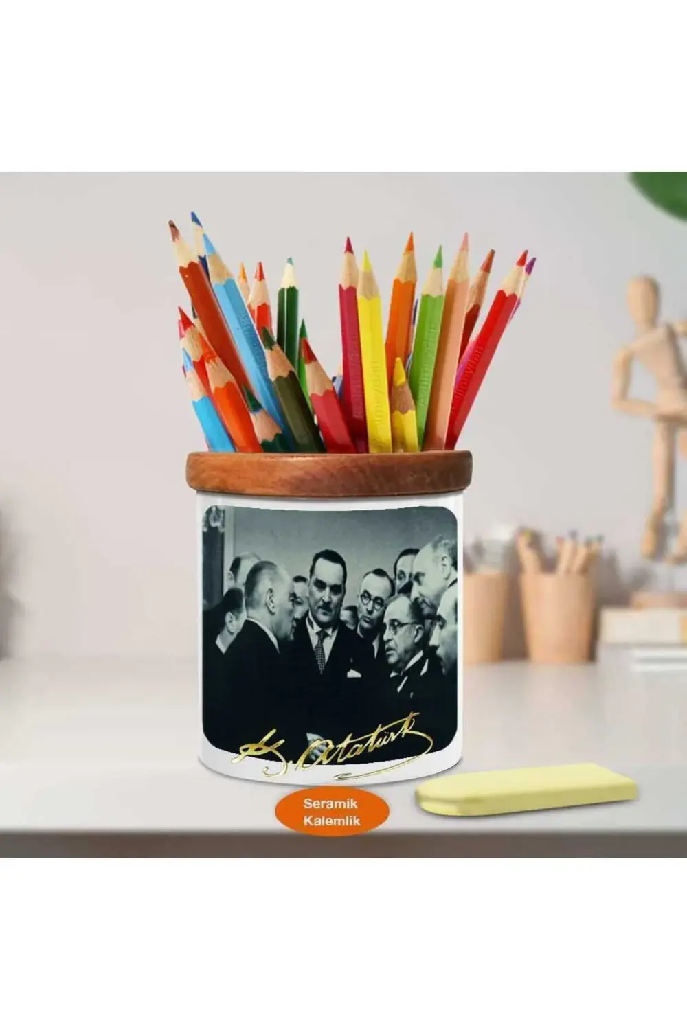 Mustafa Kemal Atatürk Ahşap Seramik Kalemlik-s414