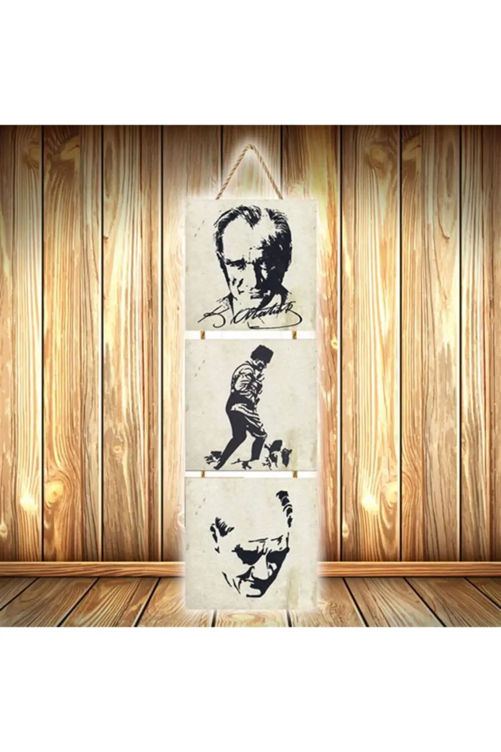 Mustafa Kemal Atatürk Tasarımlı Üçlü Retro Ahşap Poster Ü571