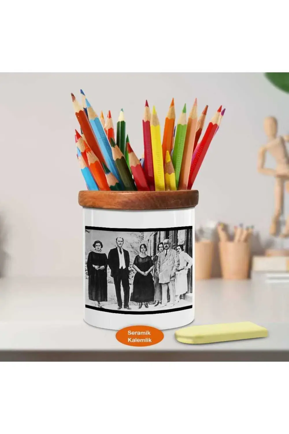 Mustafa Kemal Ve Dostları Ahşap Seramik Kalemlik - Ataturk1086)