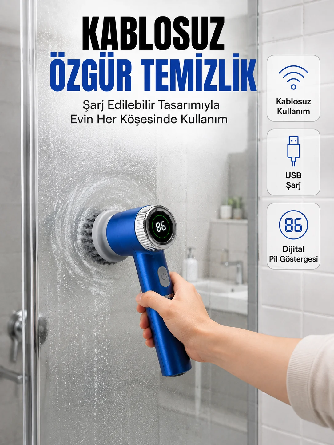 Mutfak, Banyo ve Fayanslar İçin Çok Amaçlı Elektrikli Temizlik Fırçası