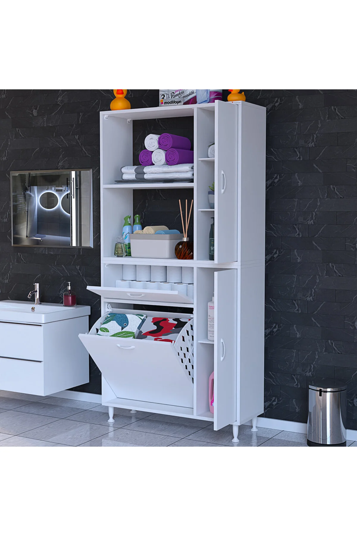 Mutfak Dolabı Sepetli Kirli Camasır Dolabı Banyo Dolabı 5 Raflı C