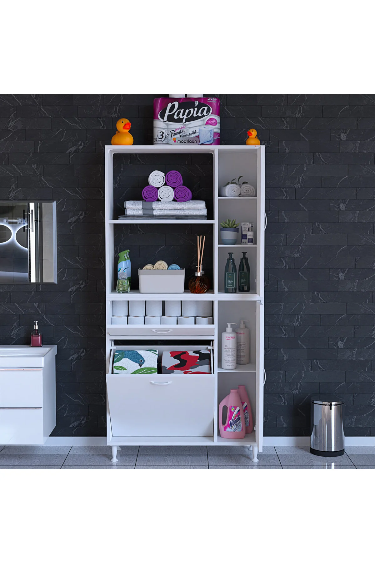 Mutfak Dolabı Sepetli Kirli Camasır Dolabı Banyo Dolabı 5 Raflı C