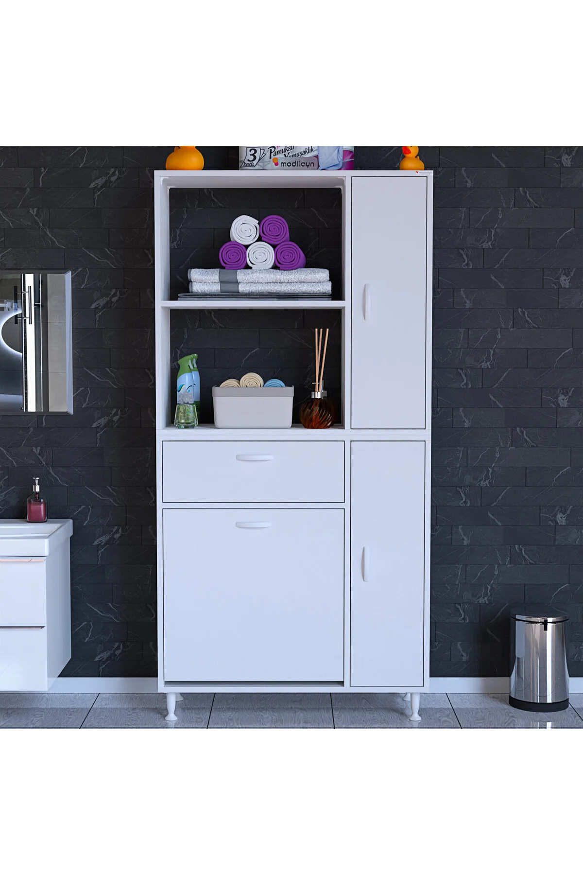 Mutfak Dolabı Sepetli Kirli Camasır Dolabı Banyo Dolabı 5 Raflı C