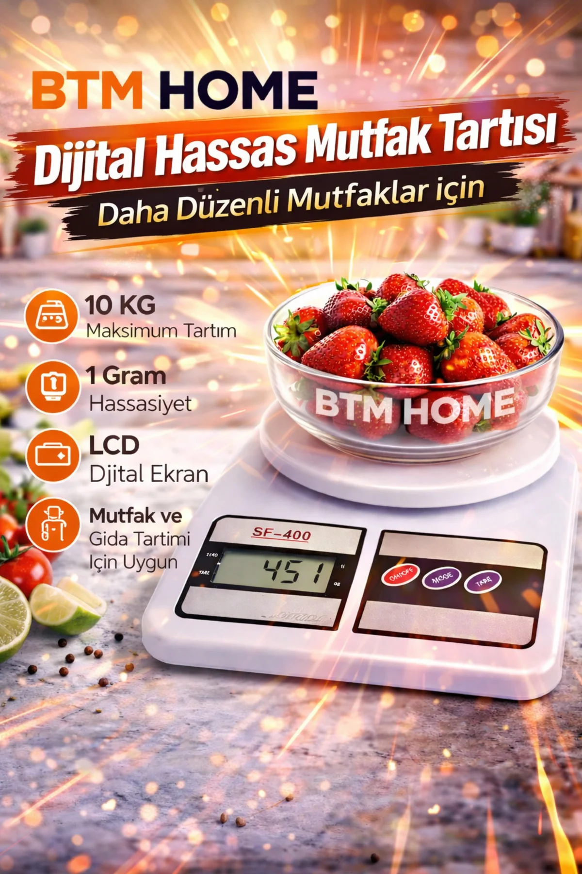 Mutfak Tartısı Dijital Hassas 10 Kg 1 Gr LCD Mutfak Terazisi Elek