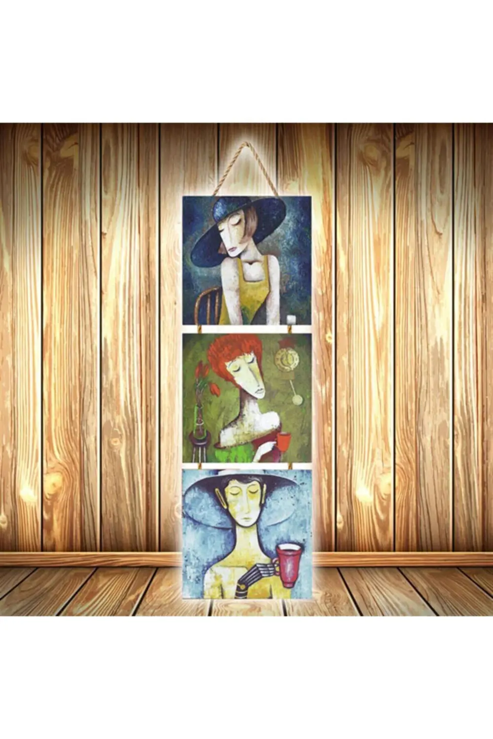 Mutsuz Kadınlar Tasarımlı Retro Ahşap Poster 3'lü