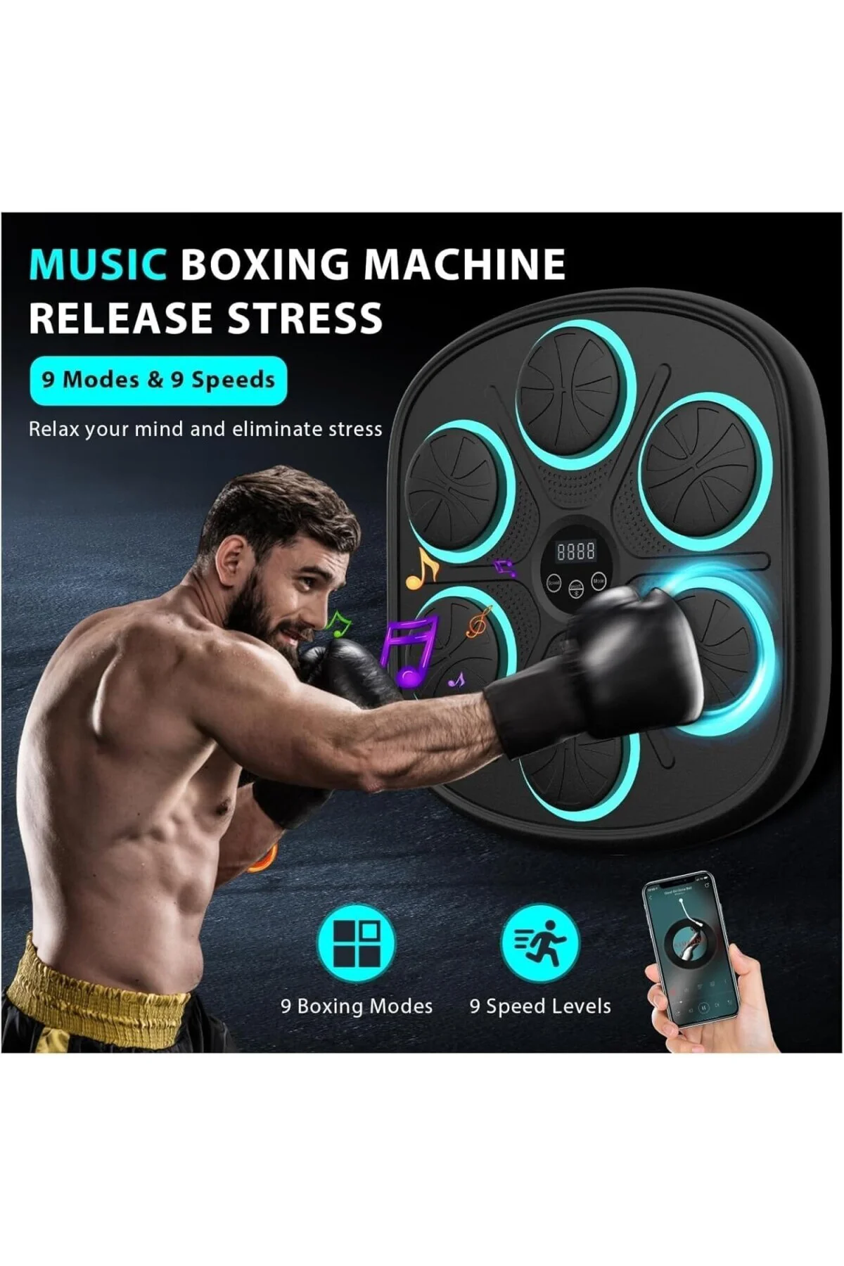 Müzikli Boks Makinesi, 9 Farklı Mod ve 9 Hız Ayarı, Bluetooth Hoparlörlü, Yumruk Absorbe Edic