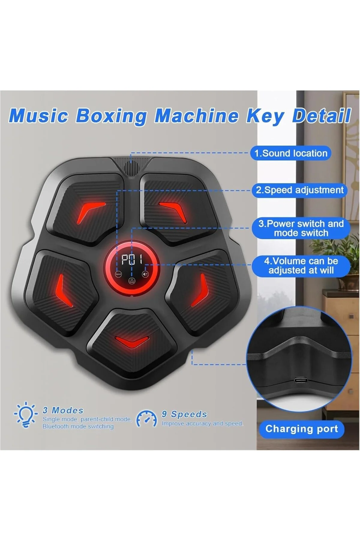 Müzikli Boks Makinesi - 3 Farklı Mod ve 9 Hız Ayarı, Bluetooth Ho