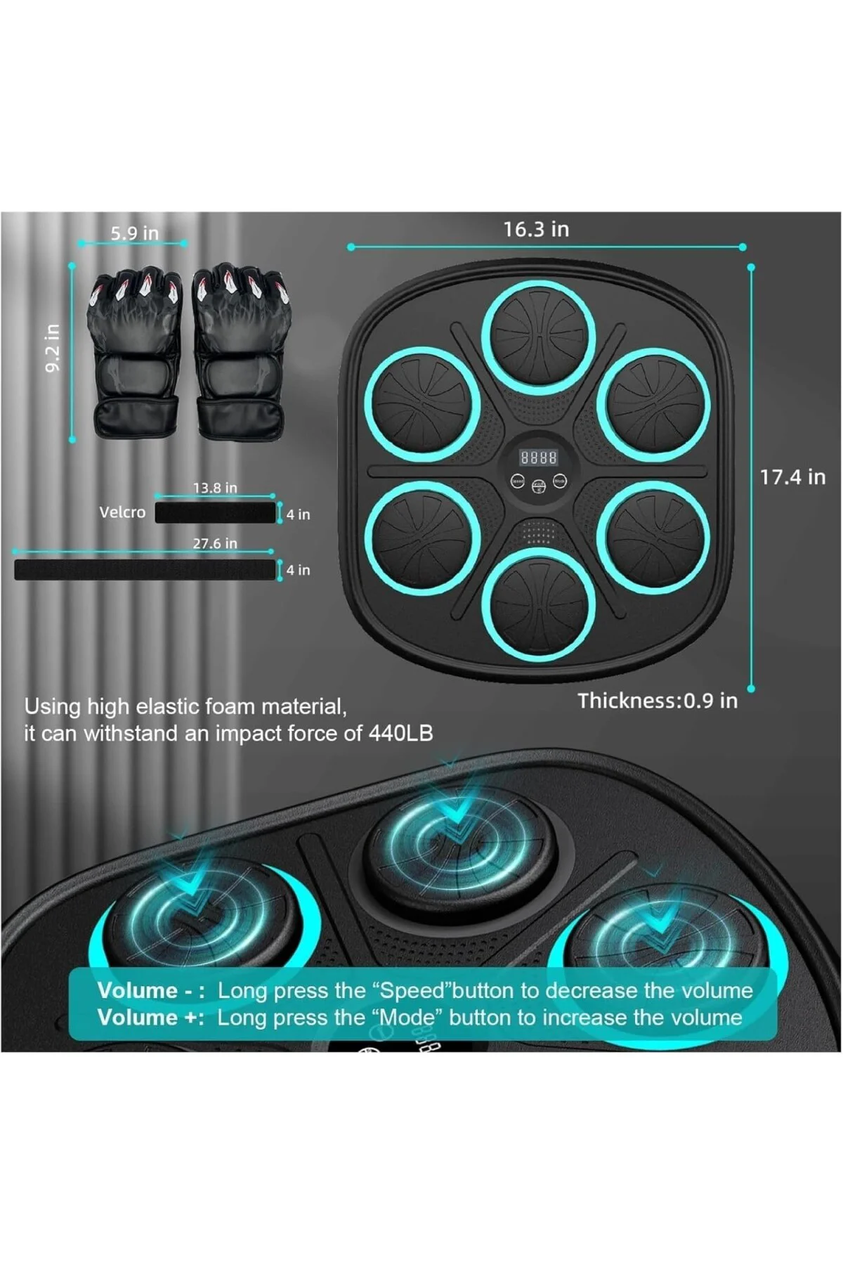 Müzikli Boks Makinesi, 9 Farklı Mod ve 9 Hız Ayarı, Bluetooth Hoparlörlü, Yumruk Absorbe Edic