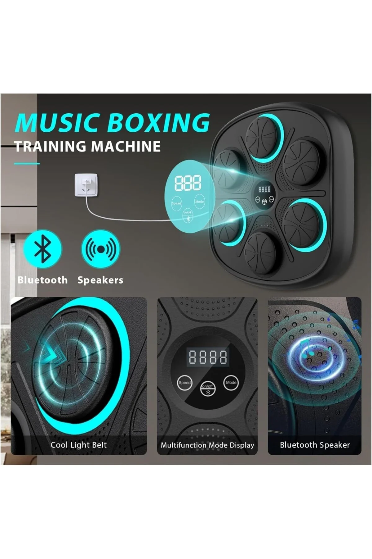 Müzikli Boks Makinesi, 9 Farklı Mod ve 9 Hız Ayarı, Bluetooth Hoparlörlü, Yumruk Absorbe Edic