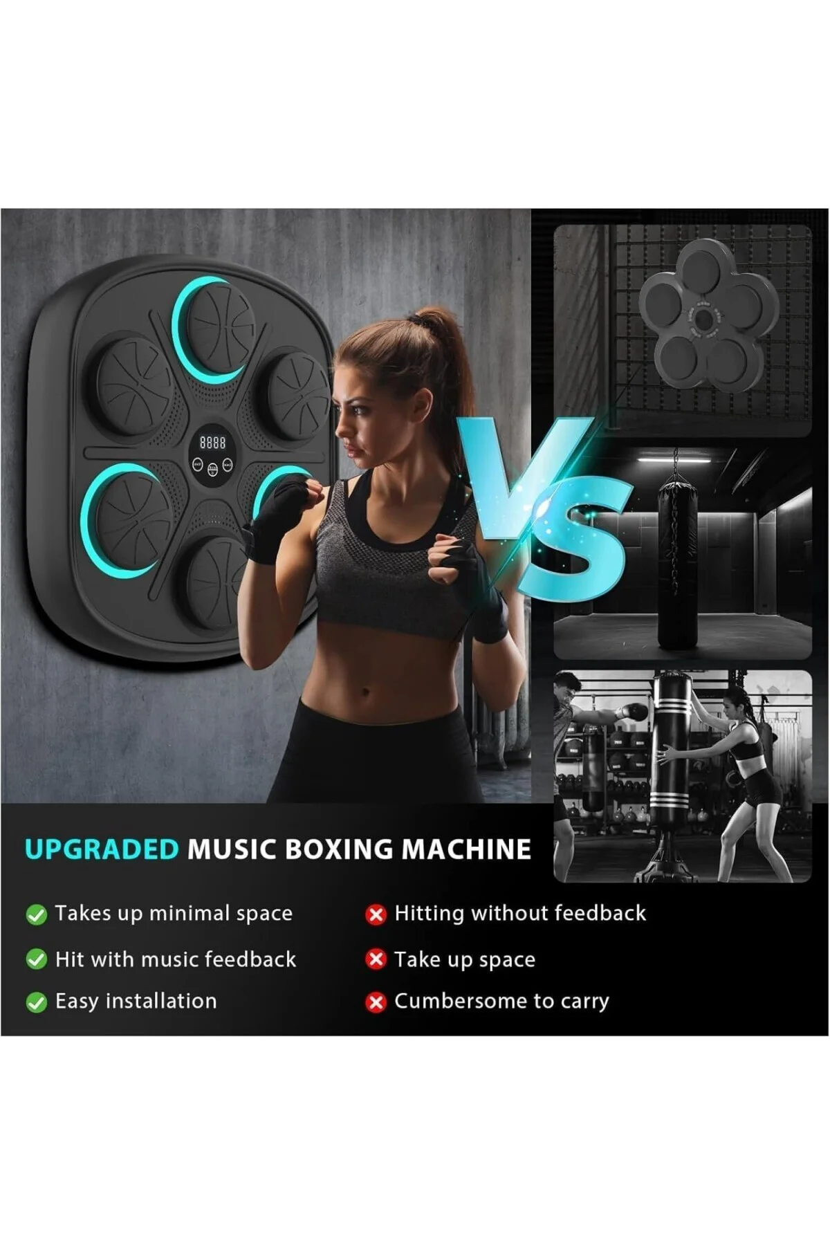 Müzikli Boks Makinesi, 9 Farklı Mod ve 9 Hız Ayarı, Bluetooth Hoparlörlü, Yumruk Absorbe Edic