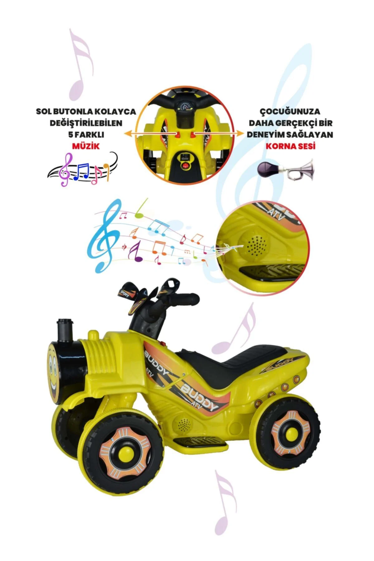 Müzikli Ve Led Işıklı Akülü Atv 6v Buddy Sarı