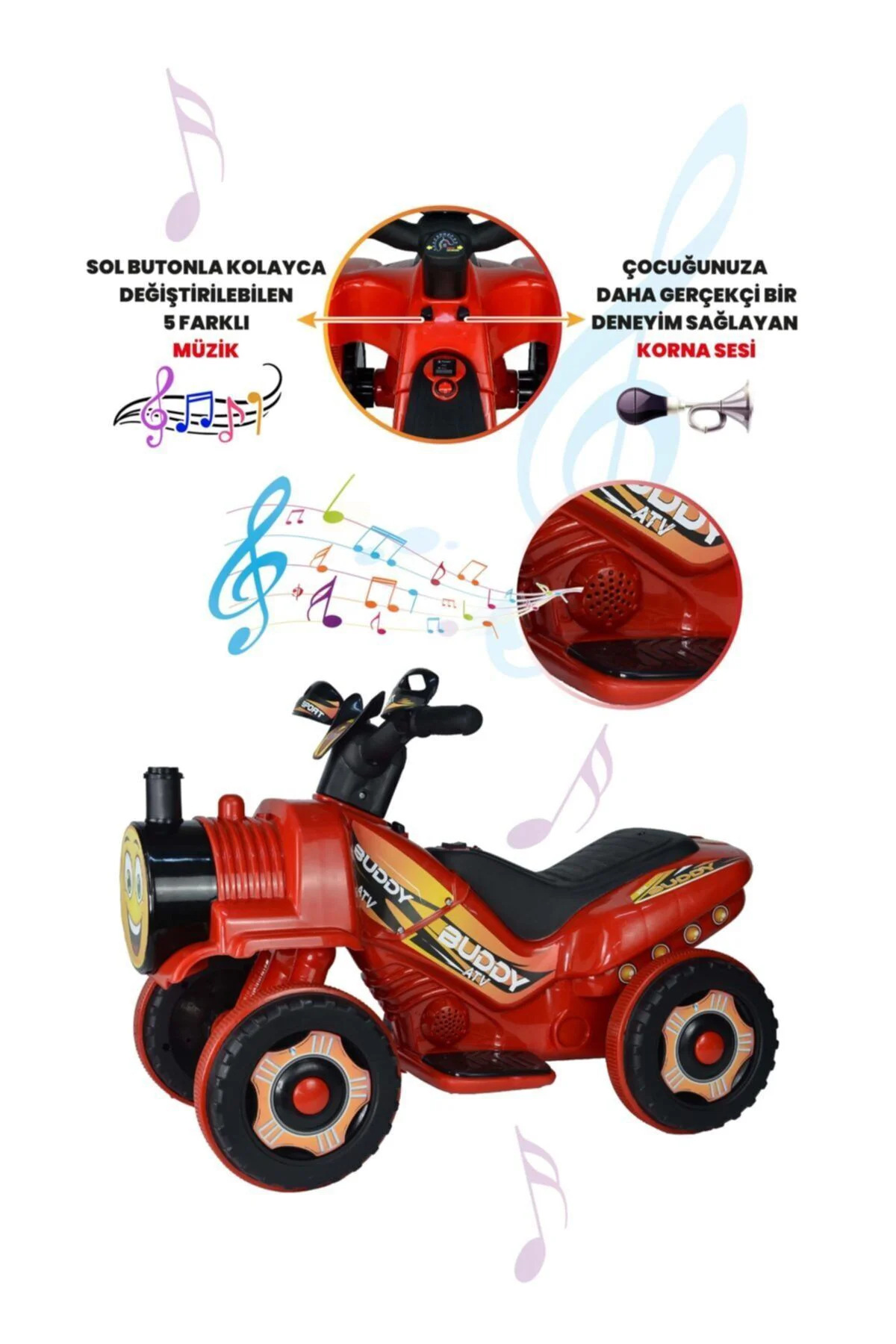 Müzikli Ve Led Işıklı Akülü Atv 6v Buddy Kırmızı