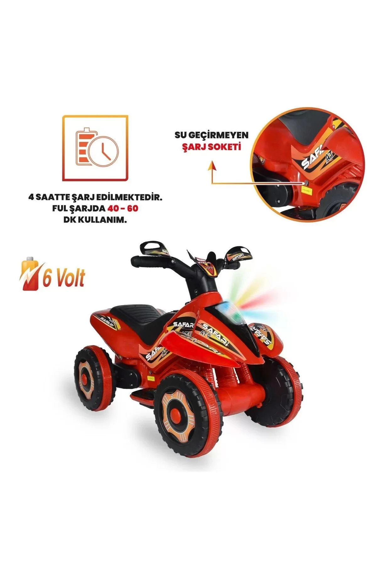 Müzikli Ve Led Işıklı Akülü Atv 6v Safari Atv Kırmızı