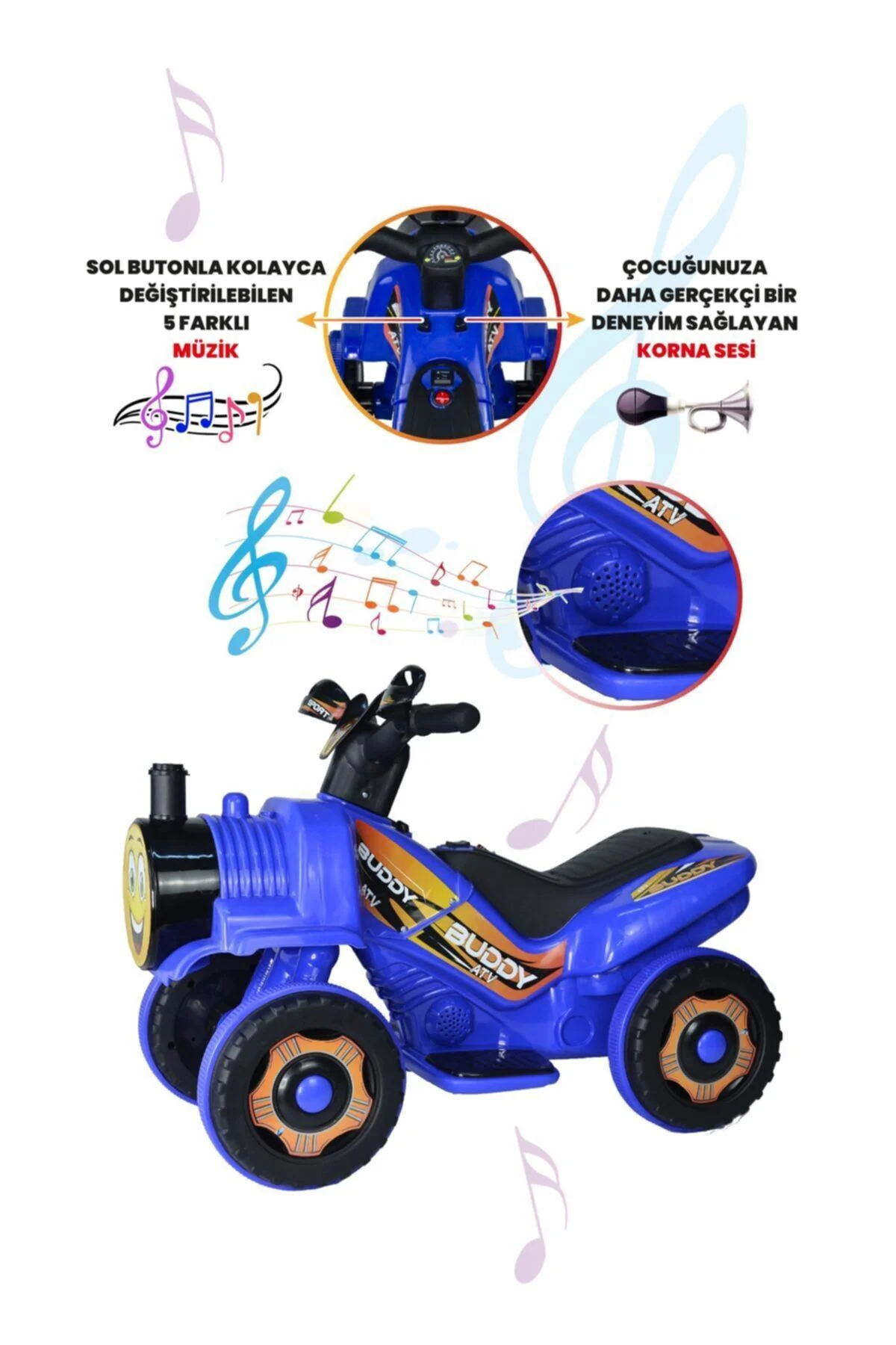 Müzikli Ve Led Işıklı Buddy Akülü Atv 6v-mavi
