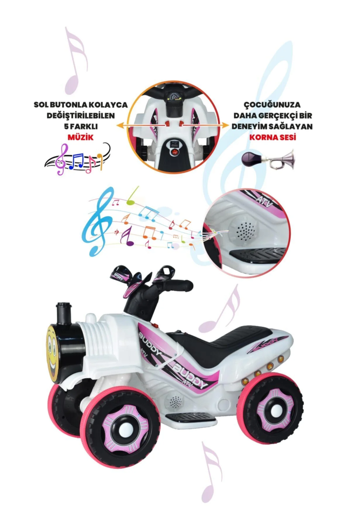 Müzikli Ve Led Işıklı Buddy Akülü Atv 6v-beyaz Prenses