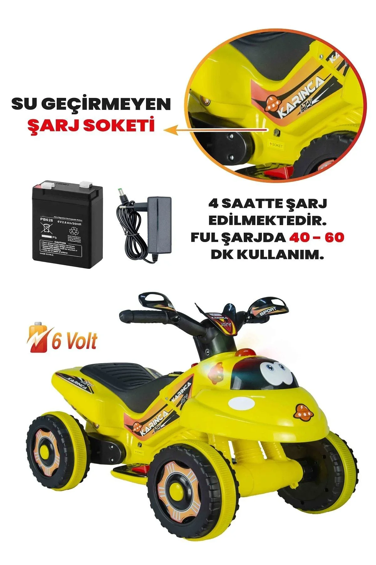 Müzikli Ve Led Işıklı Akülü Atv 6v Karınca Sarı - Görsel 4