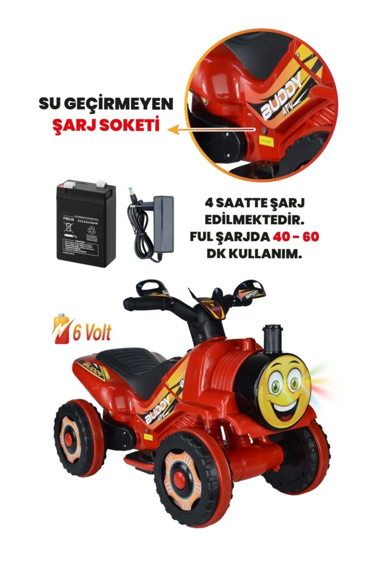 Müzikli Ve Led Işıklı Akülü Atv 6v Buddy Kırmızı