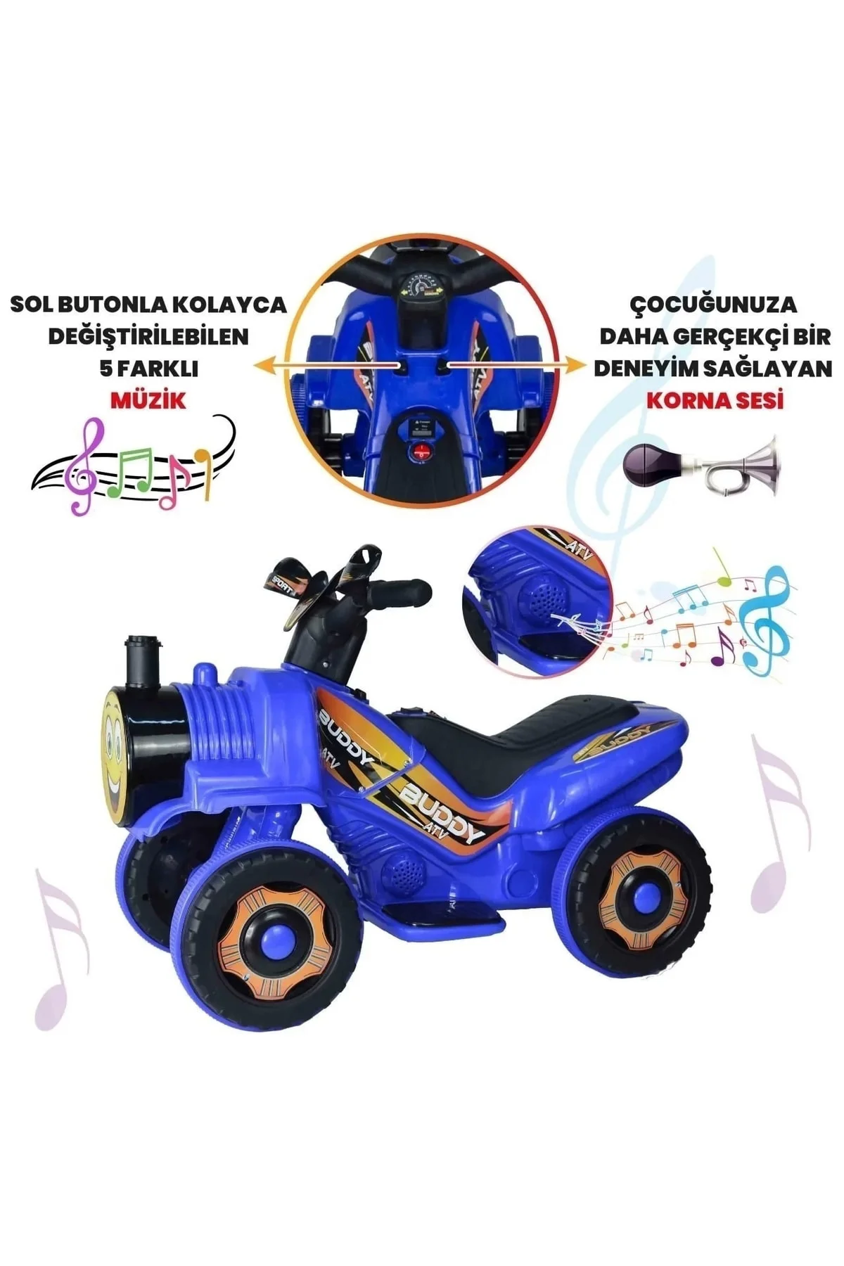 Müzikli Ve Led Işıklı Akülü Atv 6v Buddy Mavi