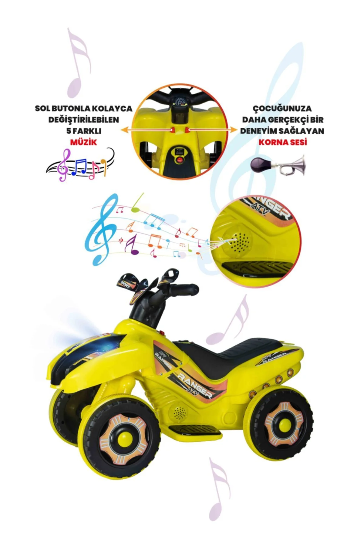 Müzikli Ve Led Işıklı Akülü Atv 6v Ranger Sarı