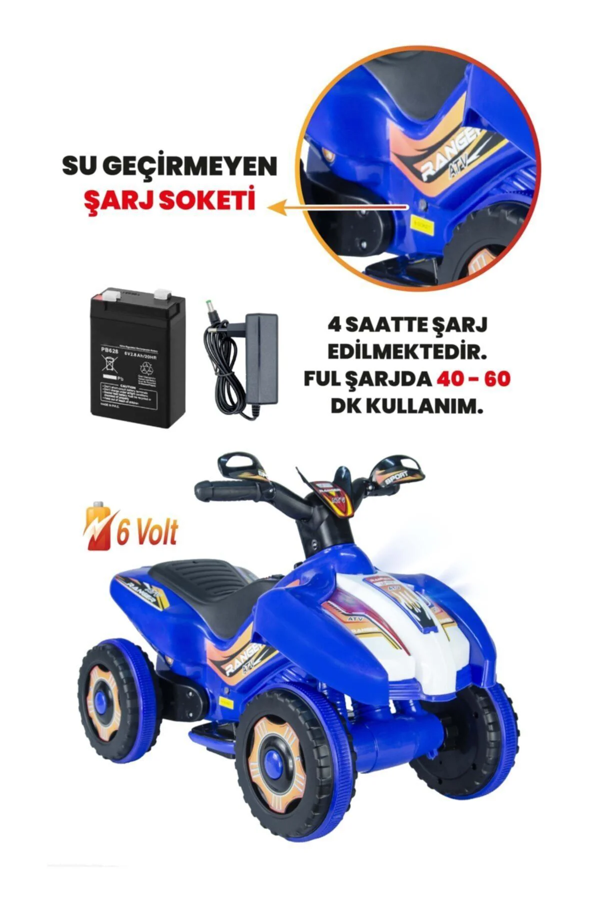 Müzikli Ve Led Işıklı Ranger Akülü Atv 6v-mavi