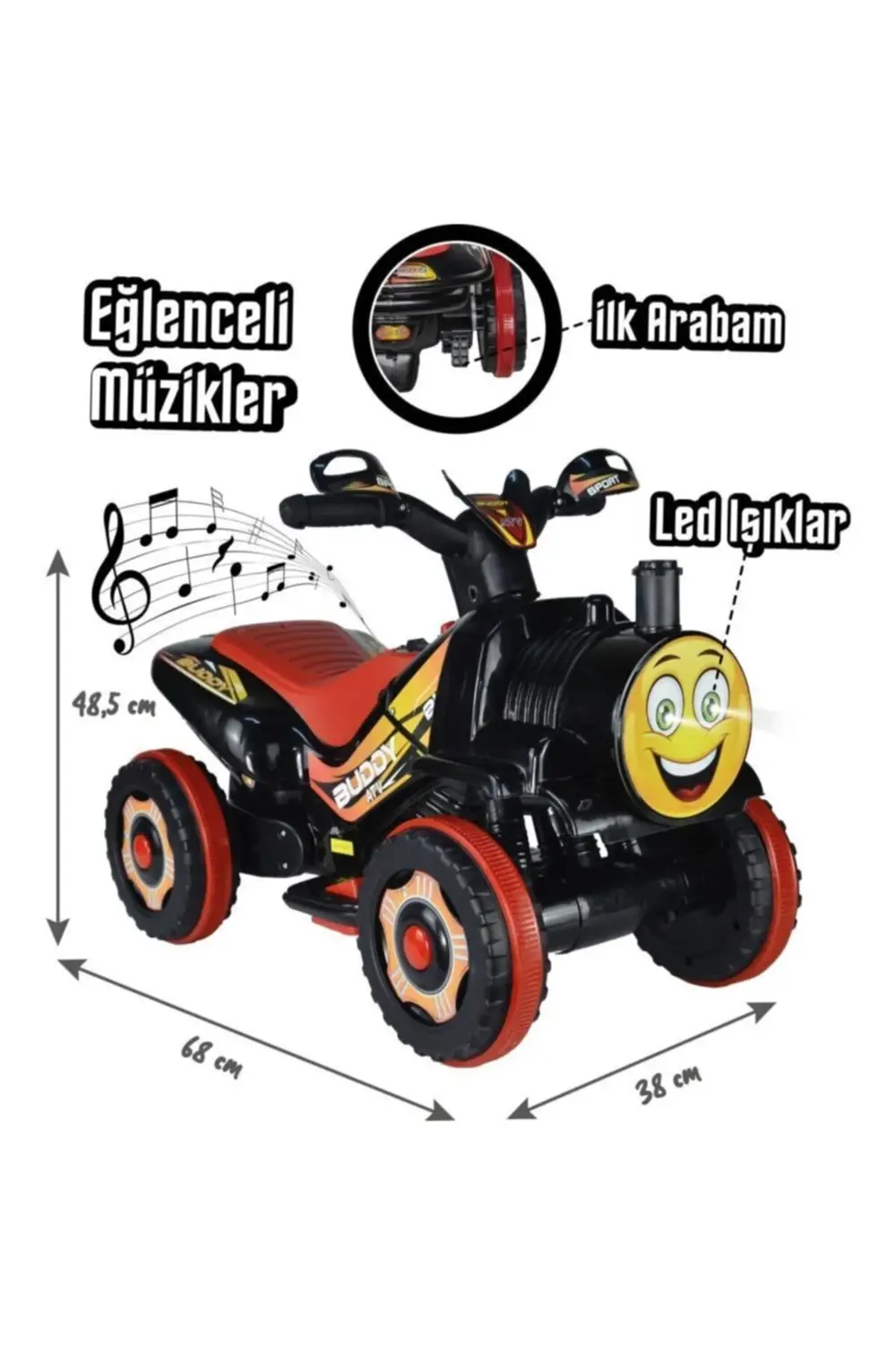 Müzikli Ve Led Işıklı Akülü Atv 6v Buddy Siyah