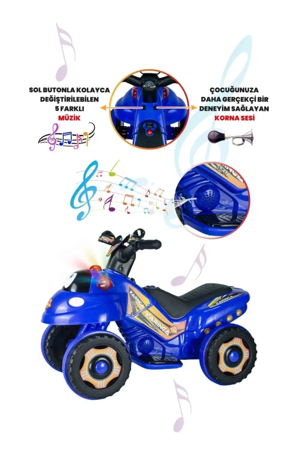Müzikli Ve Led Işıklı Akülü Atv 6v Karınca Mavi
