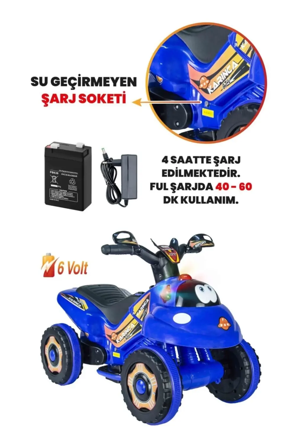 Müzikli Ve Led Işıklı Akülü Atv 6v Karınca Mavi