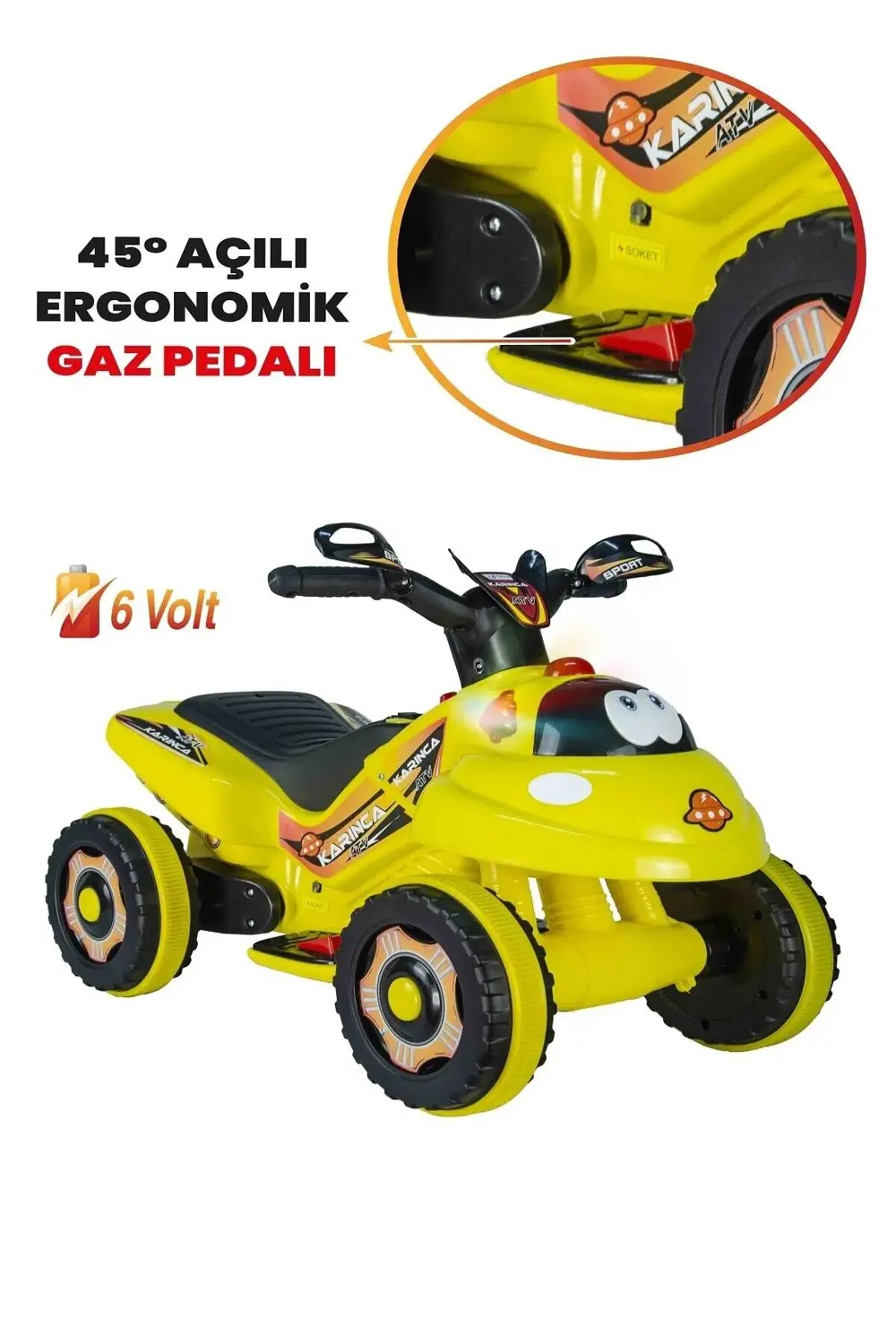 Müzikli Ve Led Işıklı Akülü Atv 6v Karınca Sarı