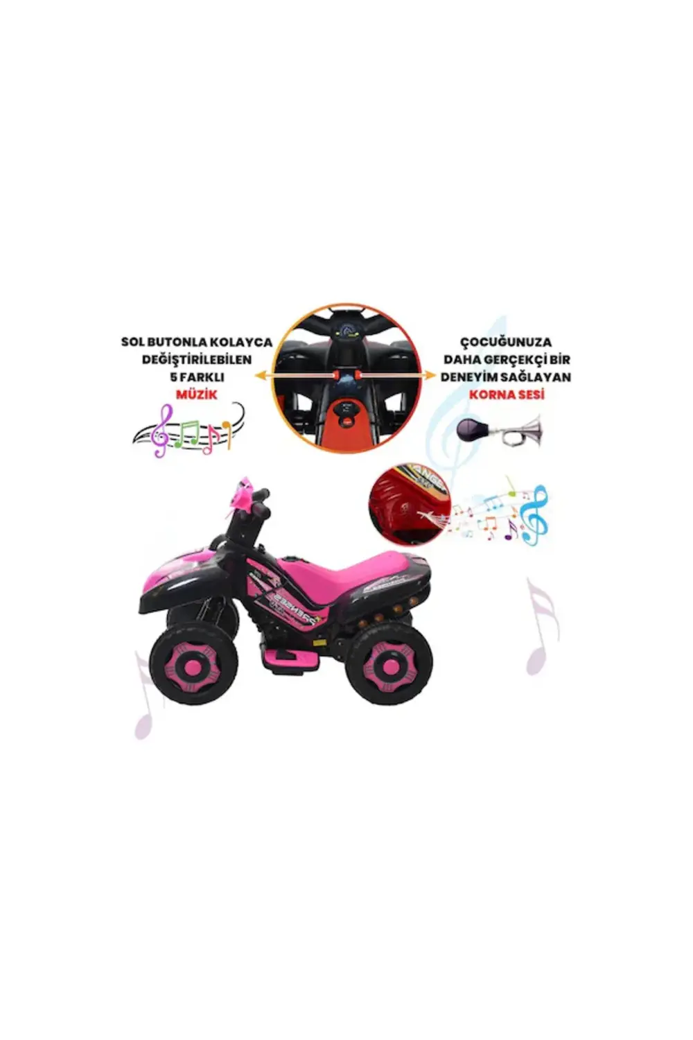 Müzikli ve Led Işıklı Akülü Atv 6v Ranger Siyah-Pembe