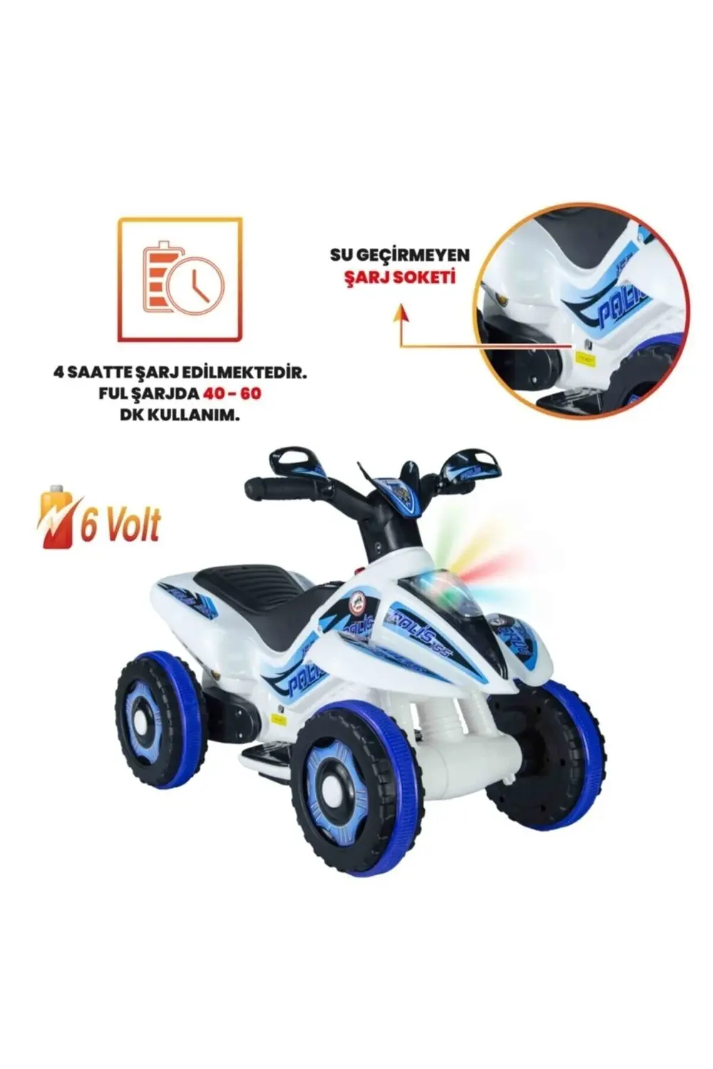 Müzikli Ve Led Işıklı Akülü Atv 6v Safari Polis Kumandalı