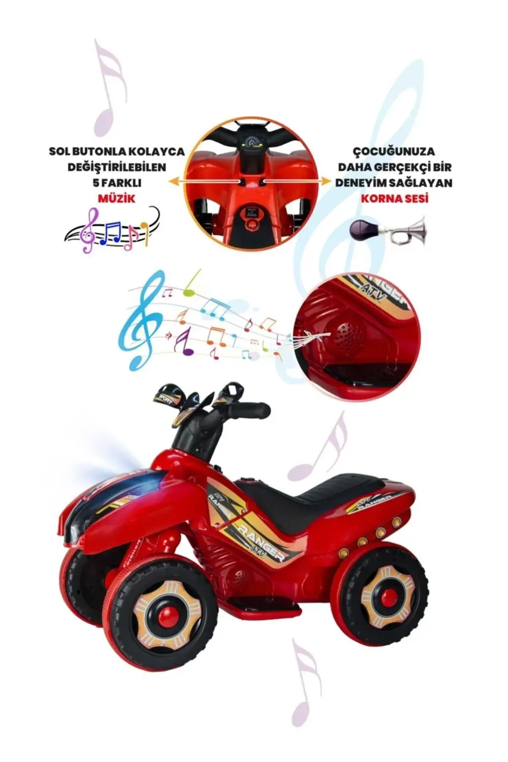 Müzikli Ve Led Işıklı Ranger Akülü Atv 6v Kırmızı