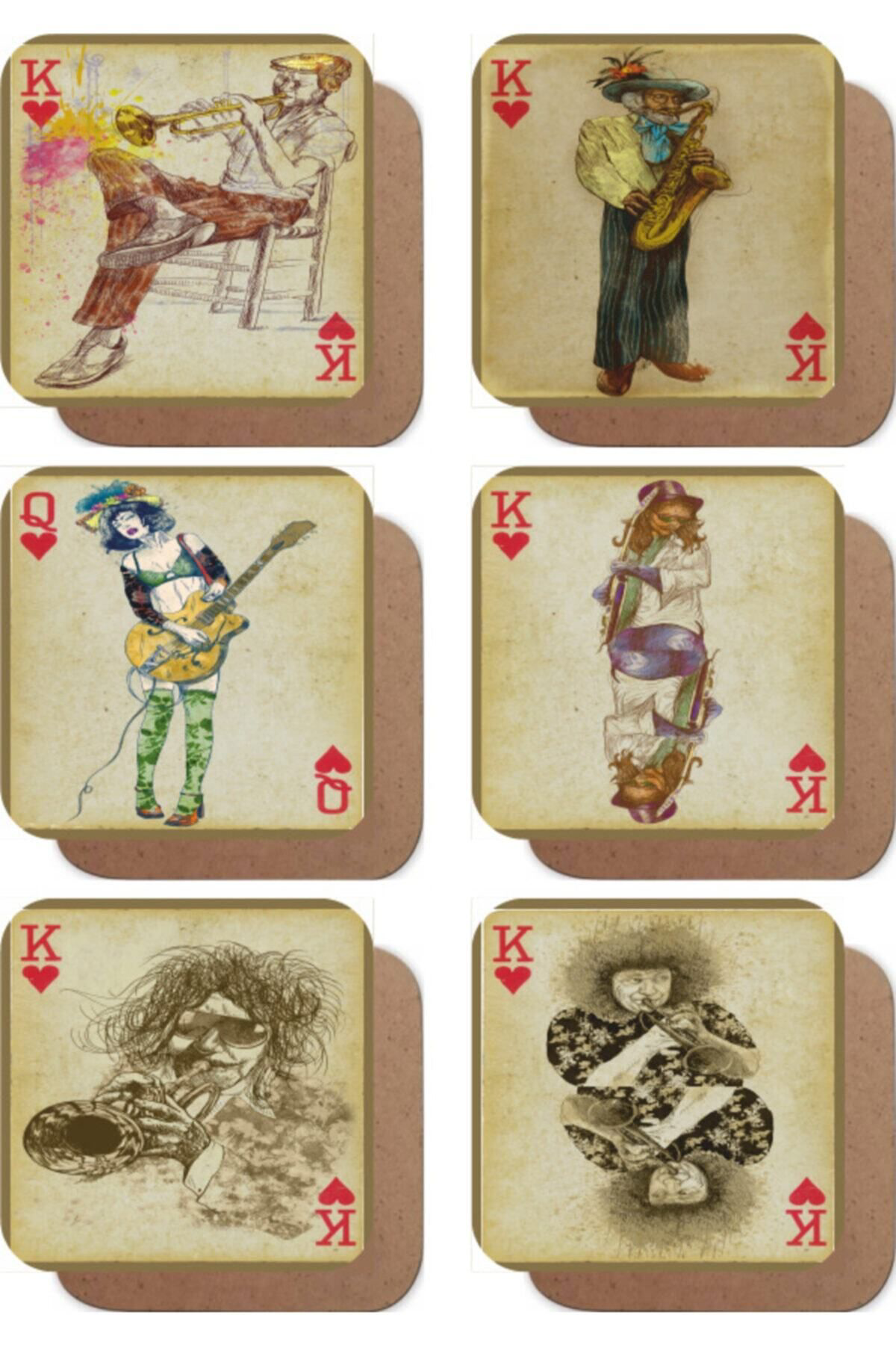 Müzisyenler Oyun Kağıdı Konseptli 6 Retro Ahşap Bardak Altlığı Se