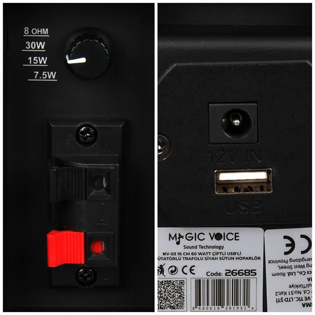 MV-19 2x7.5 CM 40 Watt Komütatörlü Hat Trafolu Siyah Sütun Hoparl