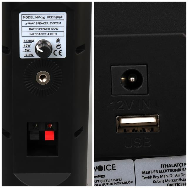 MV-26 2x7.5 CM 50 Watt Komütatörlü Hat Trafolu Siyah Sütun Hoparl