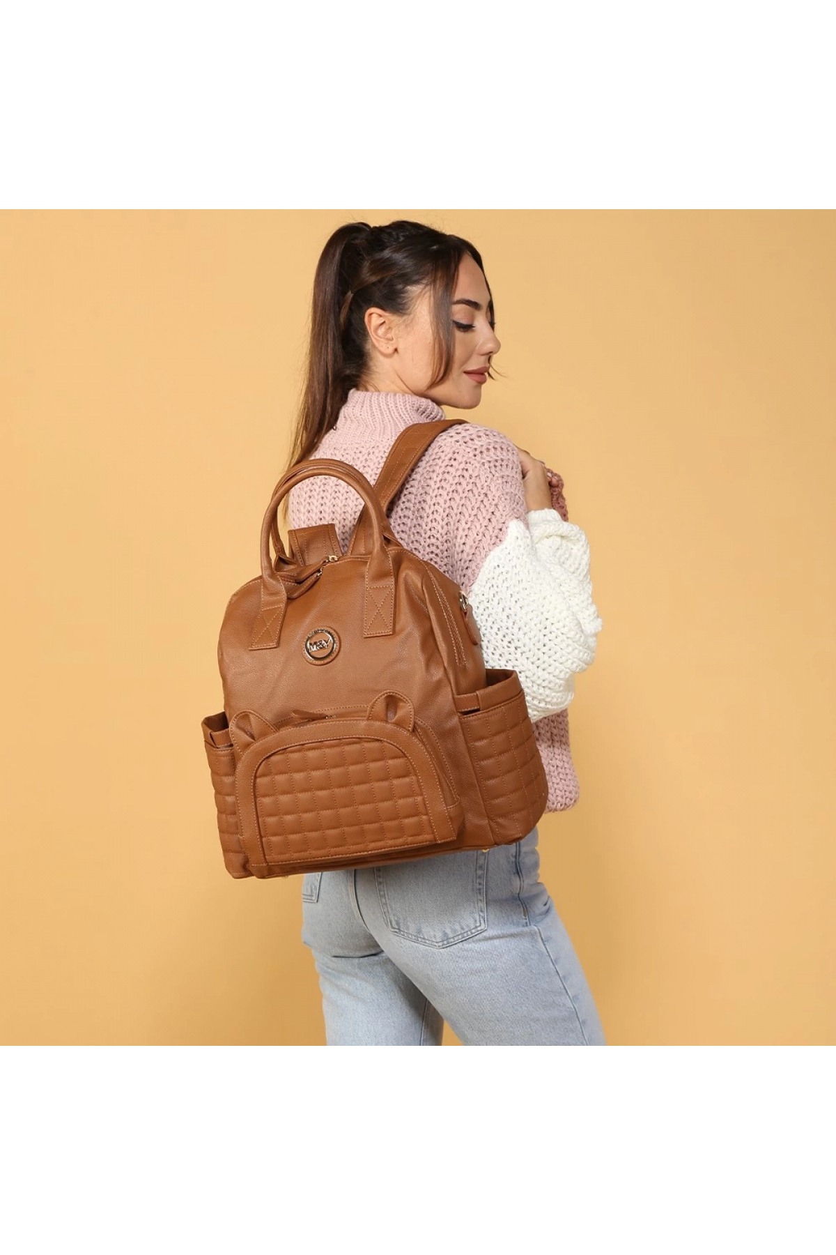 My M&Y Kitty Deri Anne Bebek Bakım Sırt Çantası 7271 Taba