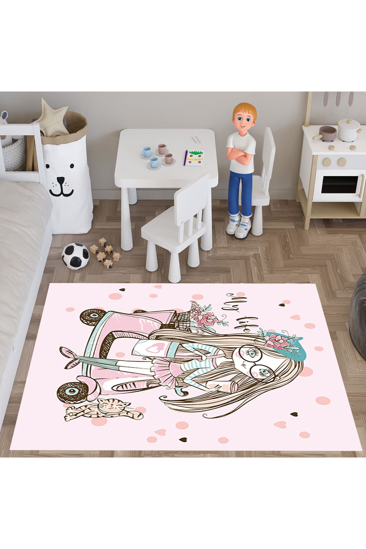 Evan Home My Life  Desenli  Dijital Baski Yikanabilir Kaymaz Taban Çocuk Odasi Halisi