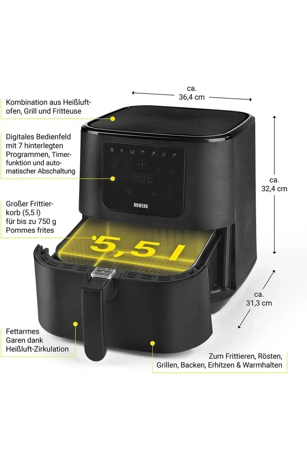 Leggno N8werk  Air Fryer - Dijital Ekran | 7 Program | 5.5L Sepet