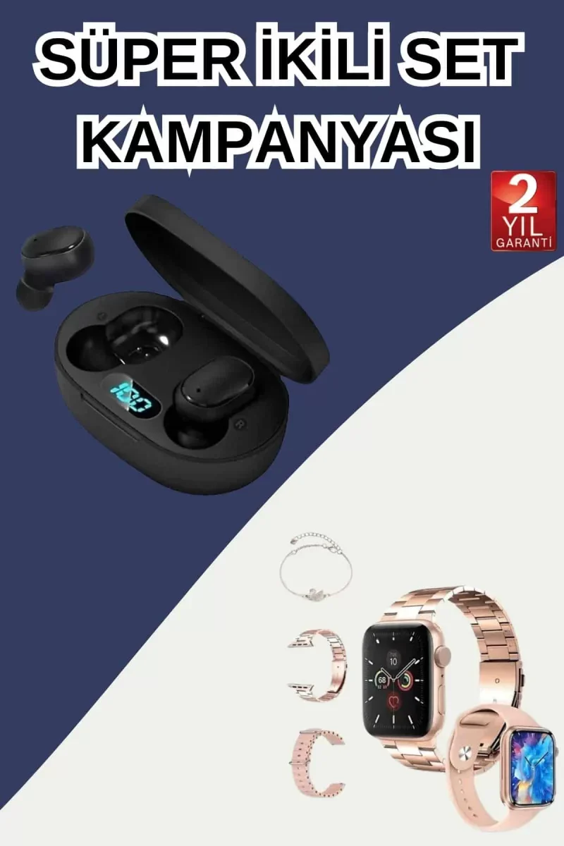 Nabız Ölçer Hediye Bileklikli Akıllı Saat ve Dijital Göstergeli Bluetooth Kulaklık Çoklu Şarj Girişi - Lisinya