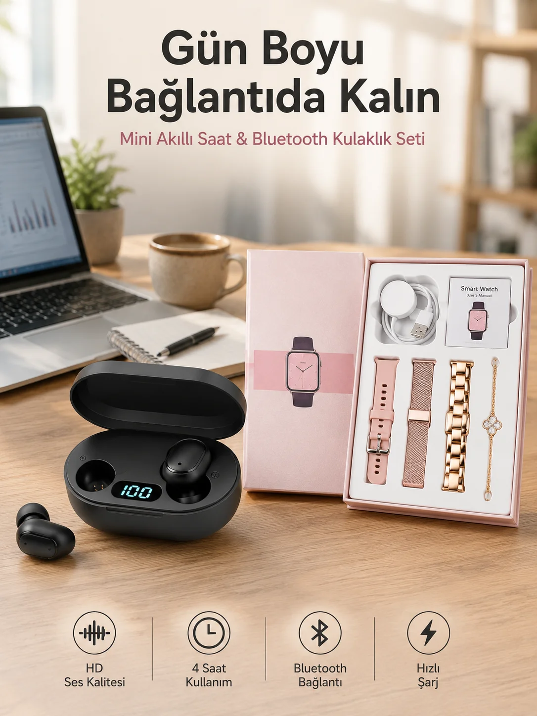 Nabız Ölçer Hediye Bileklikli Akıllı Saat ve Dijital Göstergeli Bluetooth Kulaklık Çoklu Şarj Girişi Fiyatı, Yorumları ve Özellikleri